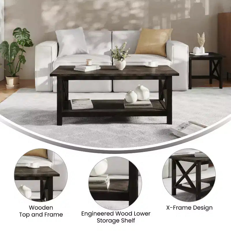 Emma and Oliver Solid Wood Farmhouse Style Coffee Table with Storage Shelf