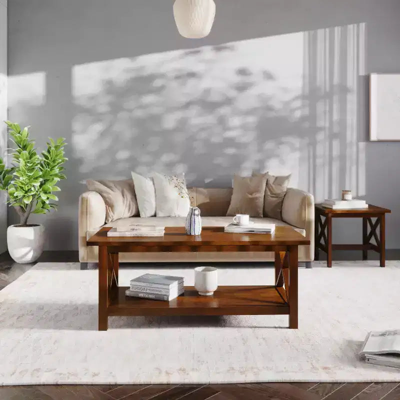 Emma and Oliver Solid Wood Farmhouse Style Coffee Table with Storage Shelf