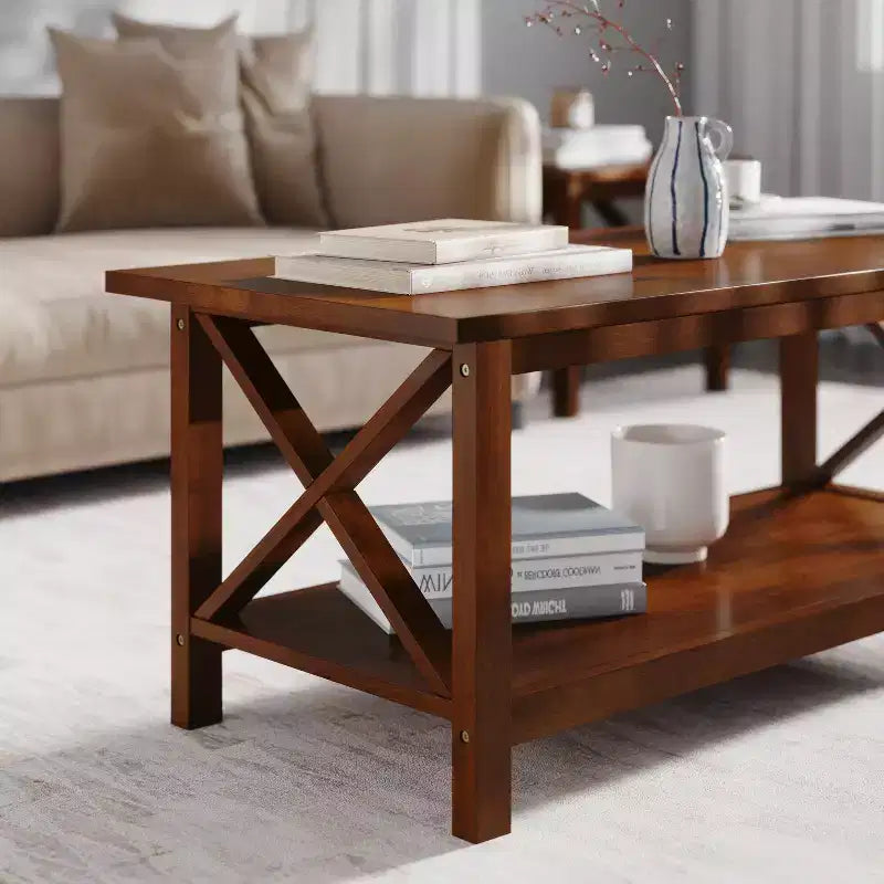 Emma and Oliver Solid Wood Farmhouse Style Coffee Table with Storage Shelf