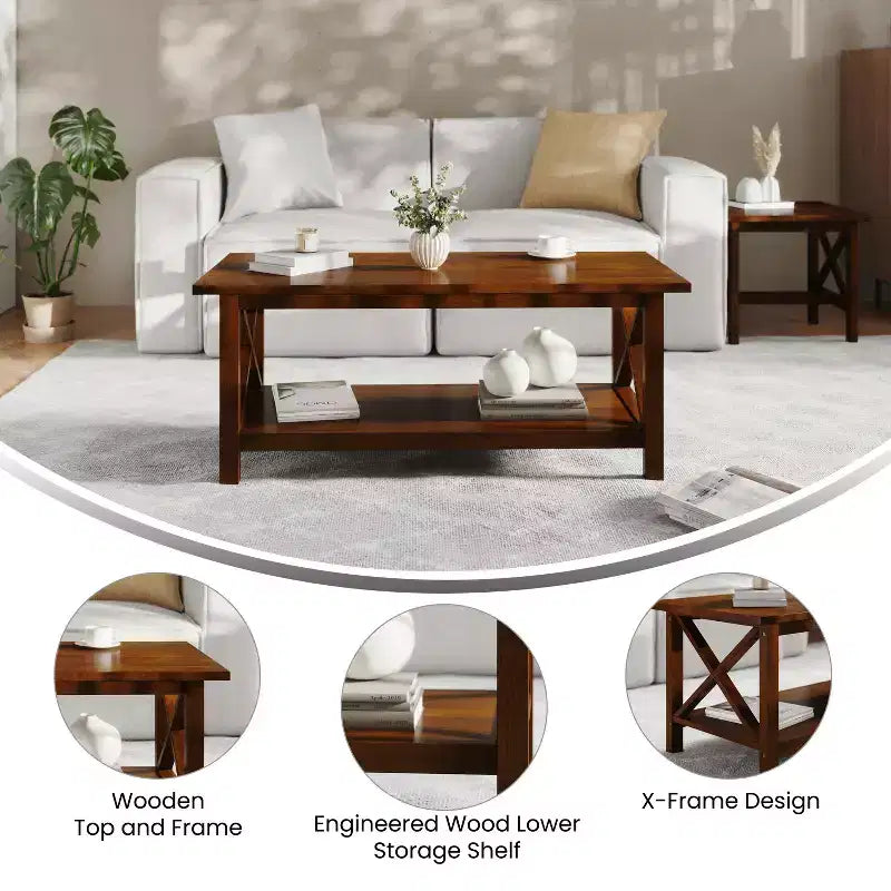 Emma and Oliver Solid Wood Farmhouse Style Coffee Table with Storage Shelf