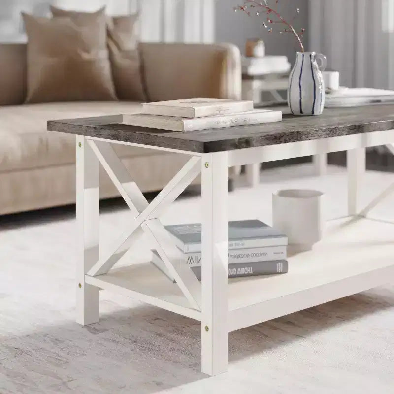 Emma and Oliver Solid Wood Farmhouse Style Coffee Table with Storage Shelf