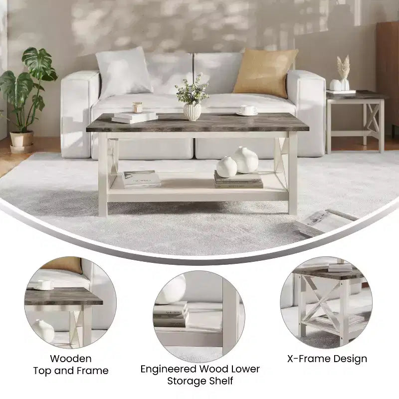 Emma and Oliver Solid Wood Farmhouse Style Coffee Table with Storage Shelf