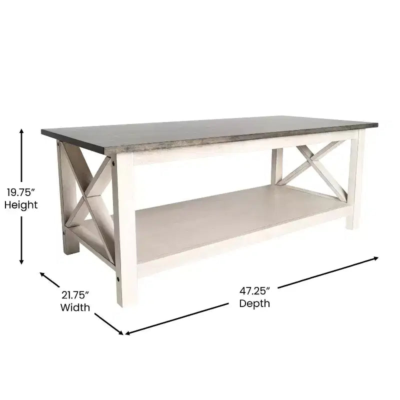 Emma and Oliver Solid Wood Farmhouse Style Coffee Table with Storage Shelf