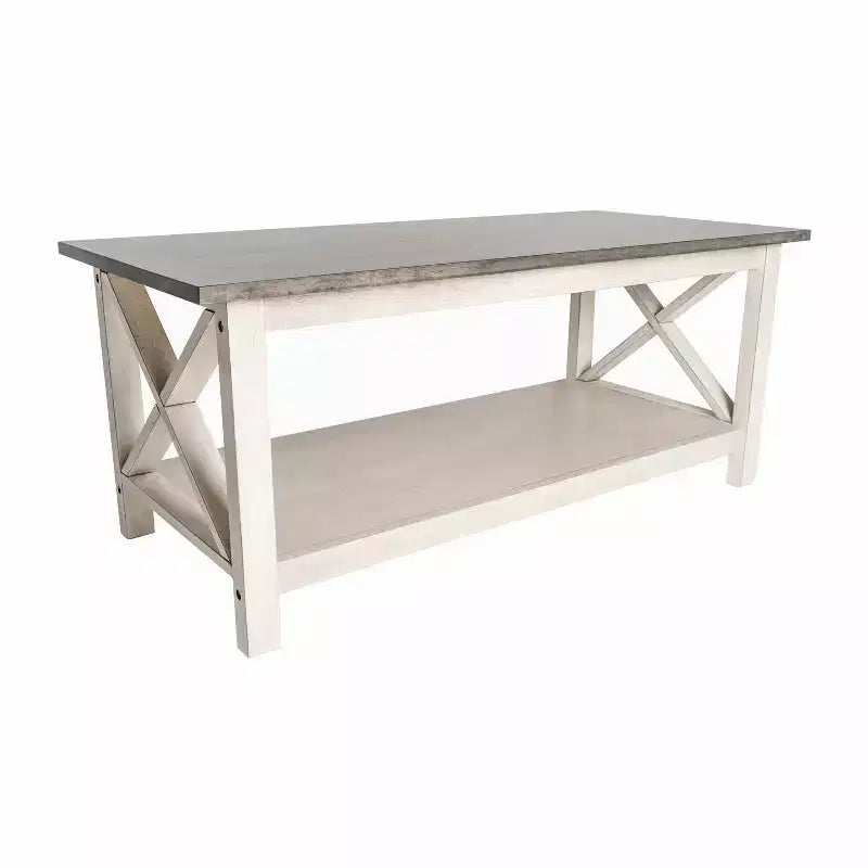 Emma and Oliver Solid Wood Farmhouse Style Coffee Table with Storage Shelf
