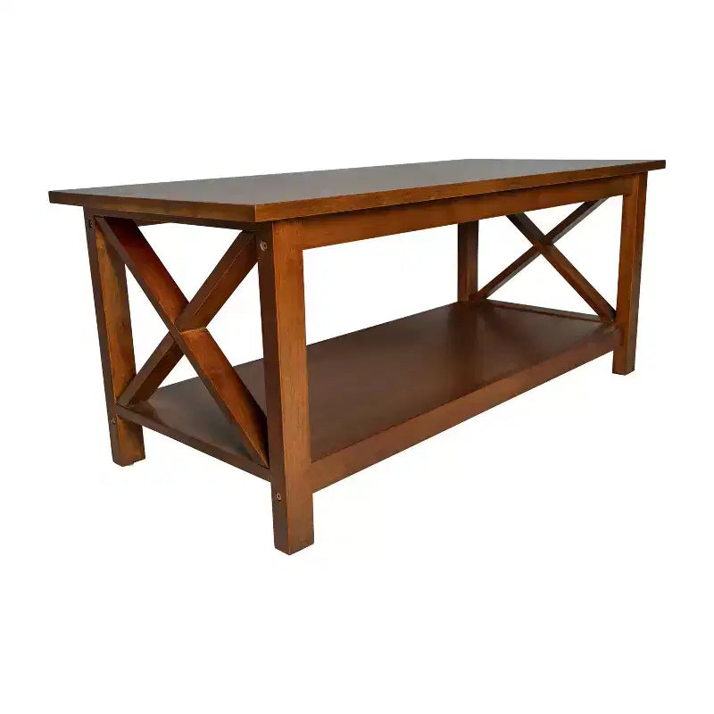Emma and Oliver Solid Wood Farmhouse Style Coffee Table with Storage Shelf