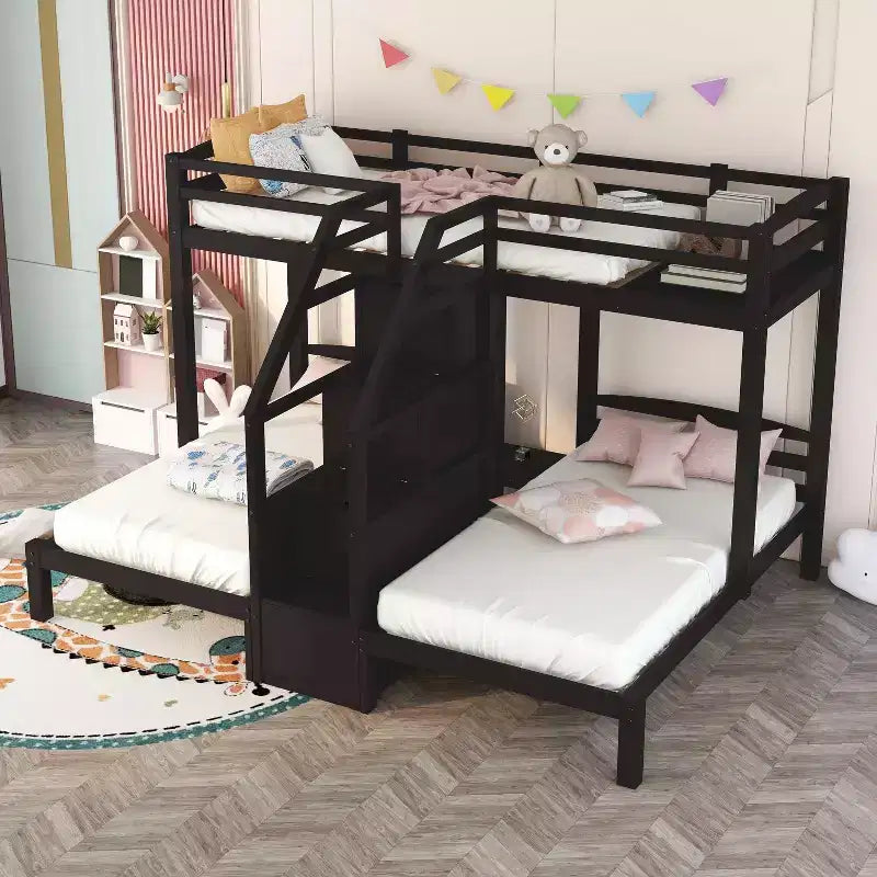 Twin over Twin & Twin Bunk Bed with Built-in Staircase and Storage Drawer - ModernLuxe
