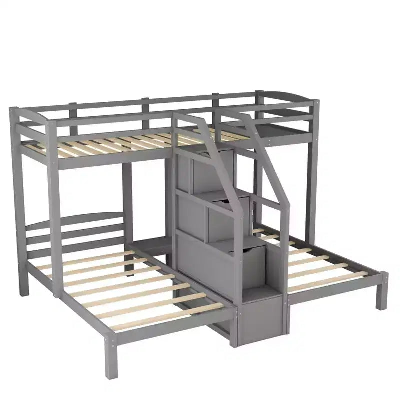 Twin over Twin & Twin Bunk Bed with Built-in Staircase and Storage Drawer - ModernLuxe