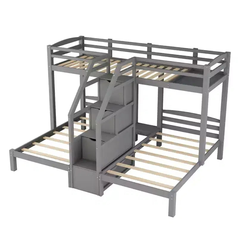 Twin over Twin & Twin Bunk Bed with Built-in Staircase and Storage Drawer - ModernLuxe