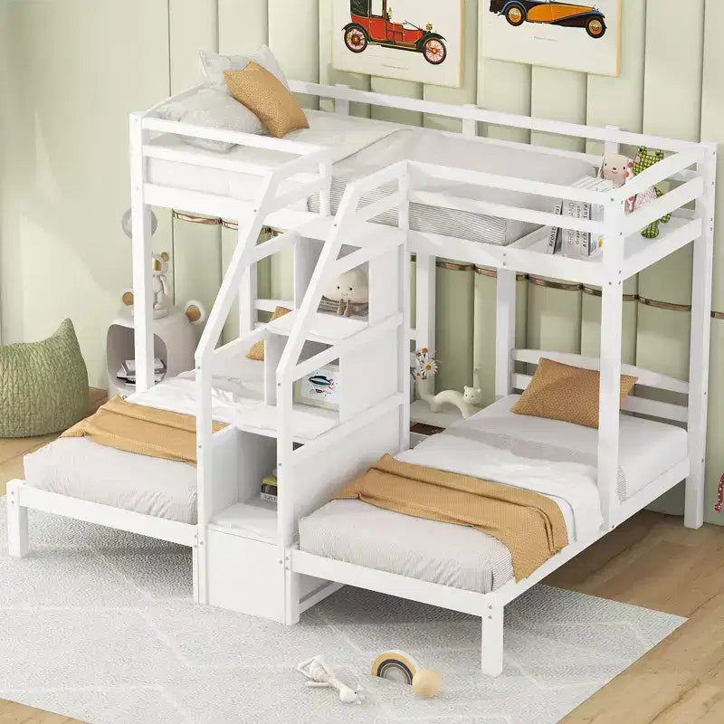 Twin over Twin & Twin Bunk Bed with Built-in Staircase and Storage Drawer - ModernLuxe