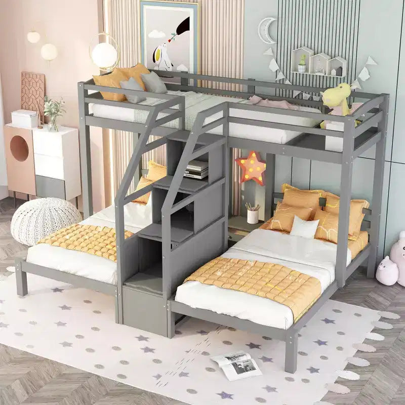 Twin over Twin & Twin Bunk Bed with Built-in Staircase and Storage Drawer - ModernLuxe