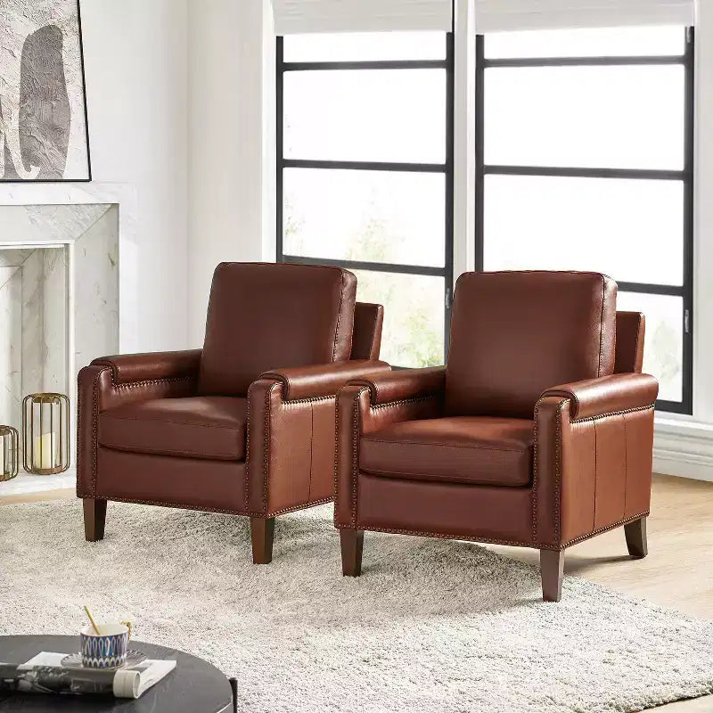 Hellmuth Genuine Leather Armchair Set of 2 with Removable Cushion and Nailhead Trims| HULALA HOME