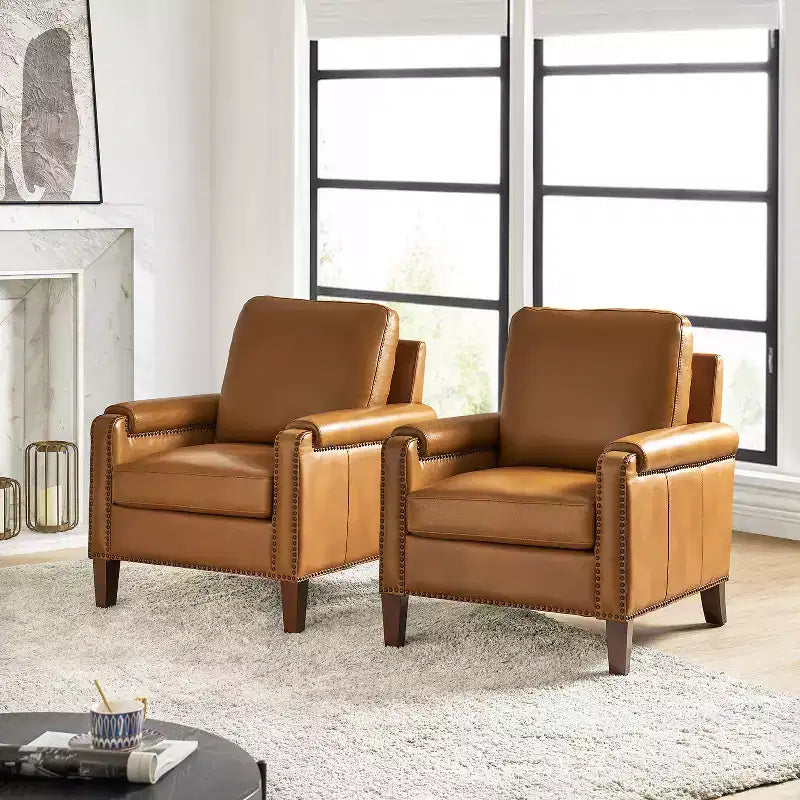 Hellmuth Genuine Leather Armchair Set of 2 with Removable Cushion and Nailhead Trims| HULALA HOME