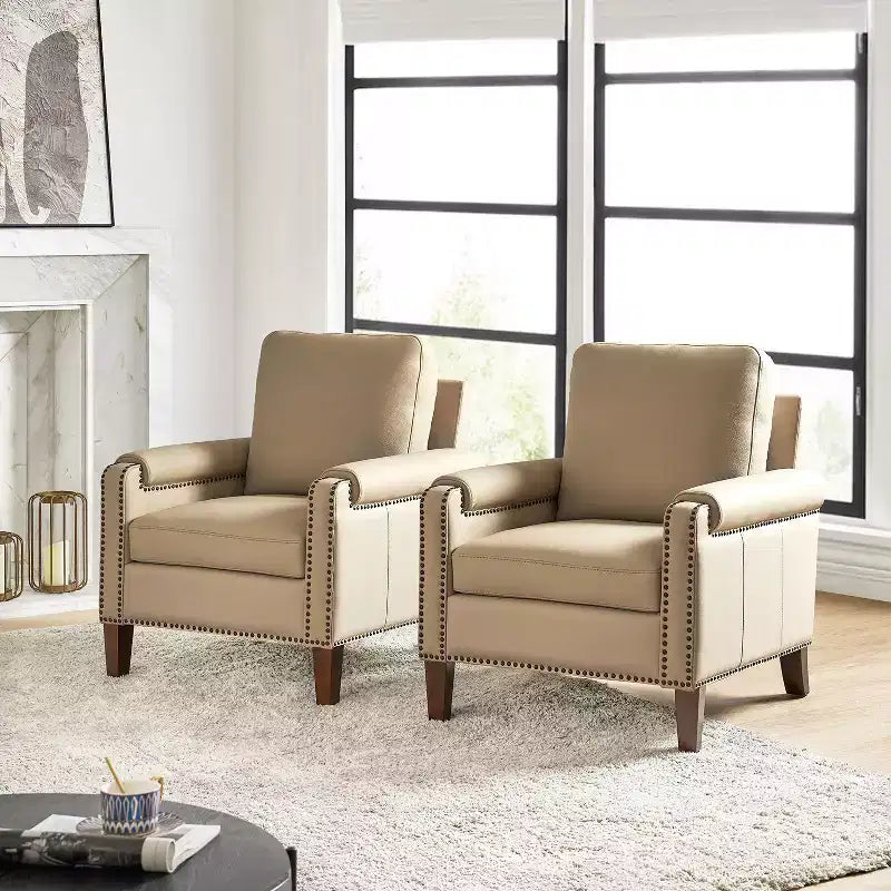 Hellmuth Genuine Leather Armchair Set of 2 with Removable Cushion and Nailhead Trims| HULALA HOME