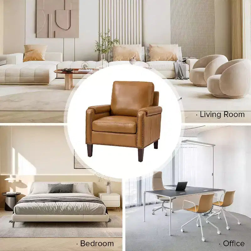 Hellmuth Genuine Leather Armchair Set of 2 with Removable Cushion and Nailhead Trims| HULALA HOME
