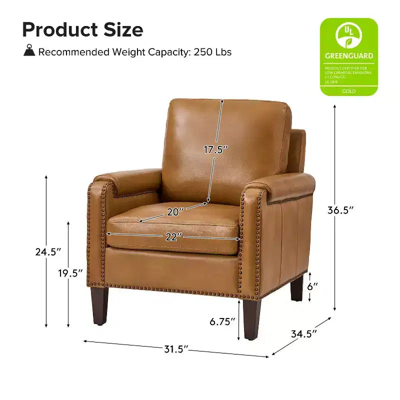 Hellmuth Genuine Leather Armchair Set of 2 with Removable Cushion and Nailhead Trims| HULALA HOME