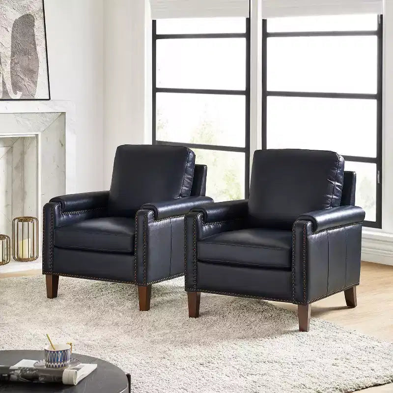 Hellmuth Genuine Leather Armchair Set of 2 with Removable Cushion and Nailhead Trims| HULALA HOME