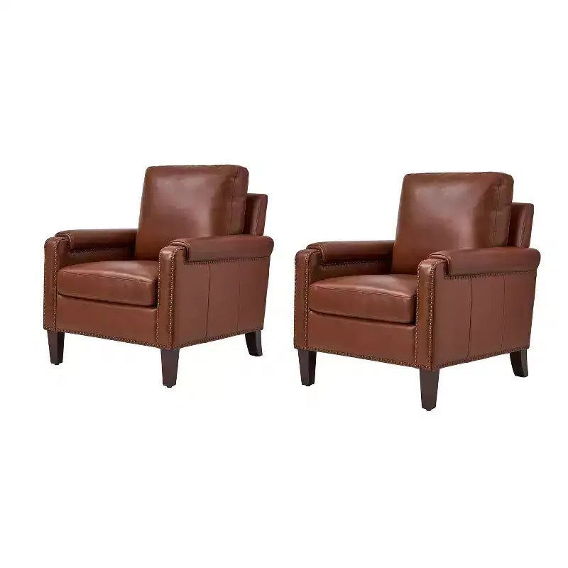 Hellmuth Genuine Leather Armchair Set of 2 with Removable Cushion and Nailhead Trims| HULALA HOME
