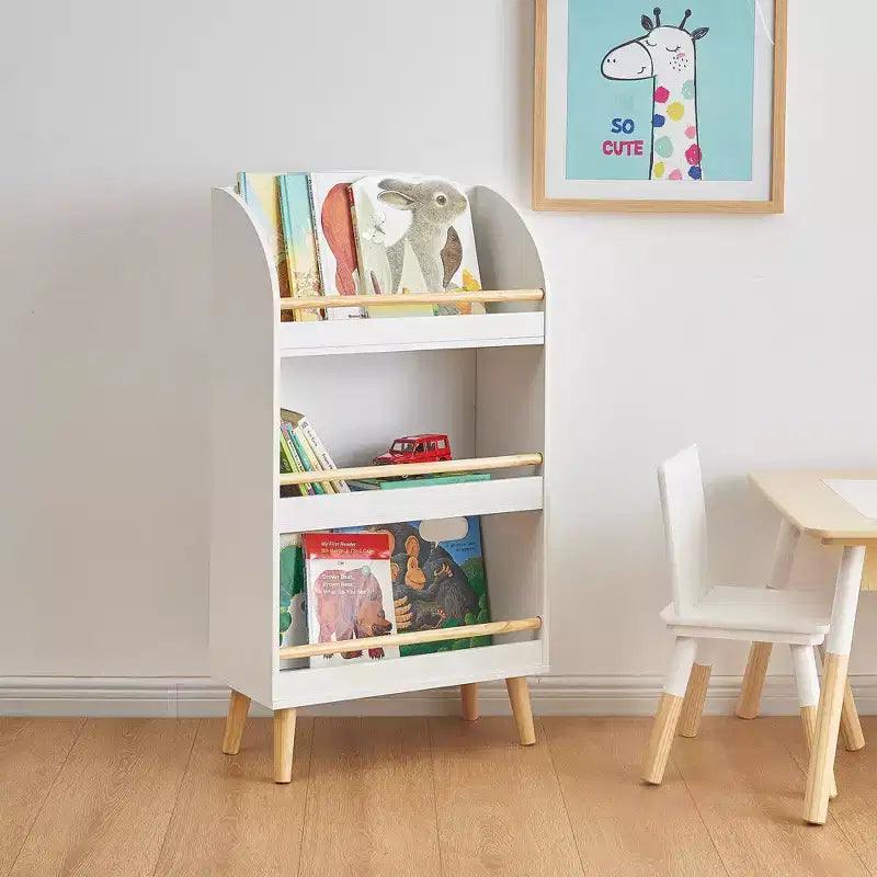 LuxenHome 37.4H Wooden Kids Bookshelf with Anti-Fall Bar, White bookshelf for kids, toy organizers and storage