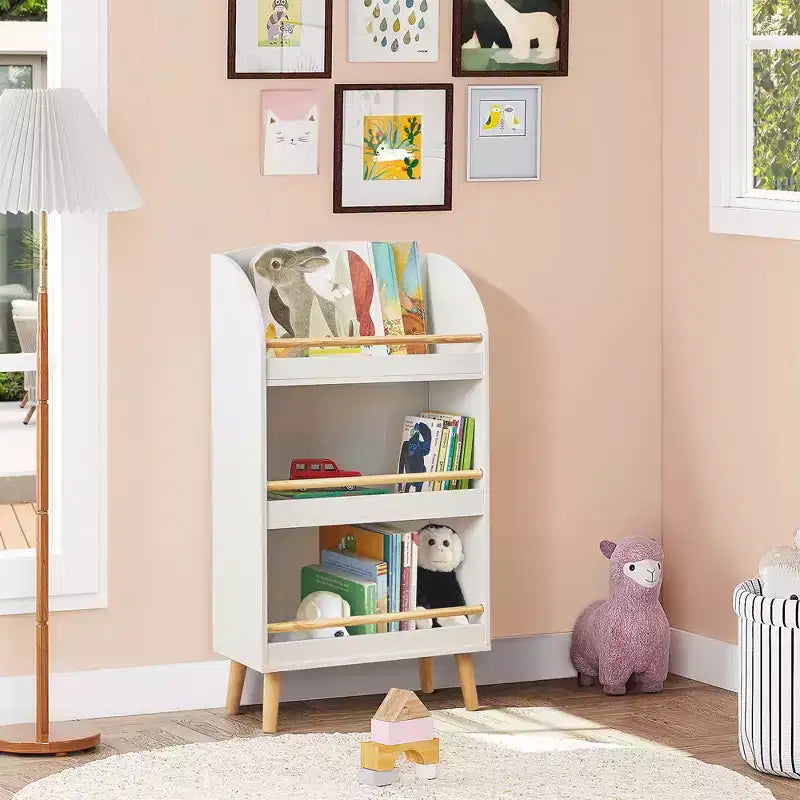 LuxenHome 37.4H Wooden Kids Bookshelf with Anti-Fall Bar, White bookshelf for kids, toy organizers and storage