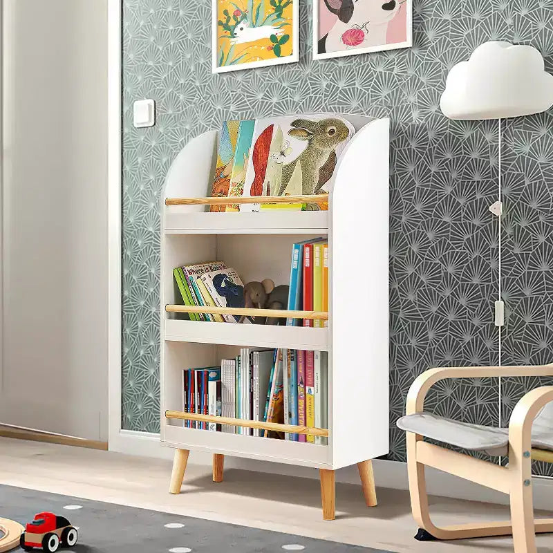 LuxenHome 37.4H Wooden Kids Bookshelf with Anti-Fall Bar, White bookshelf for kids, toy organizers and storage