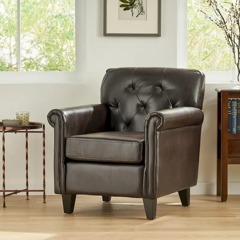 Veronica Tufted Brown Leather Club Chair by Christopher Knight Home