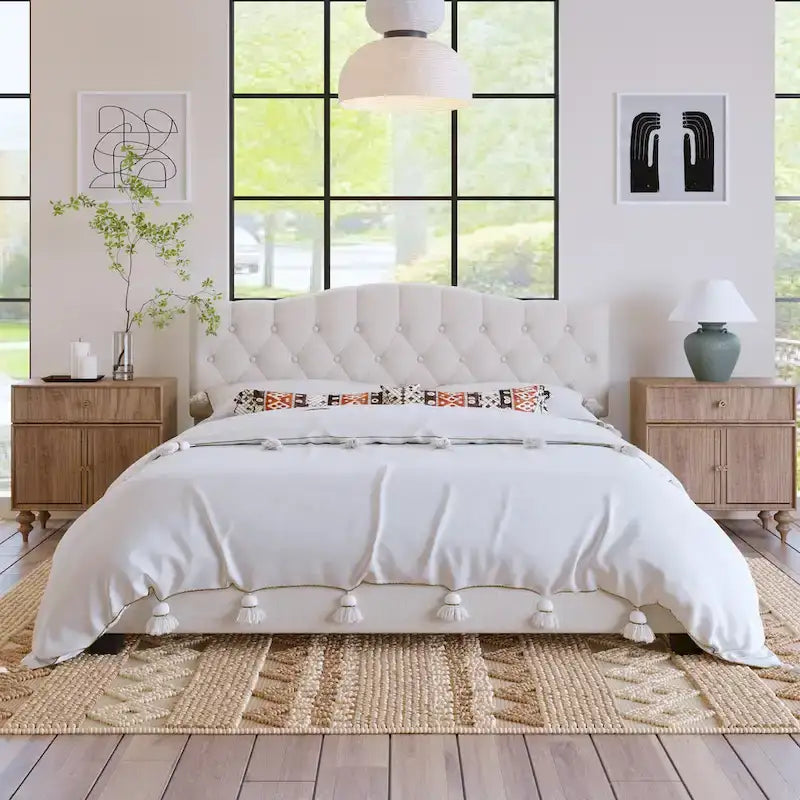 Upholstered Platform Bed with Saddle Curved Headboard and Diamond Tufted Details
