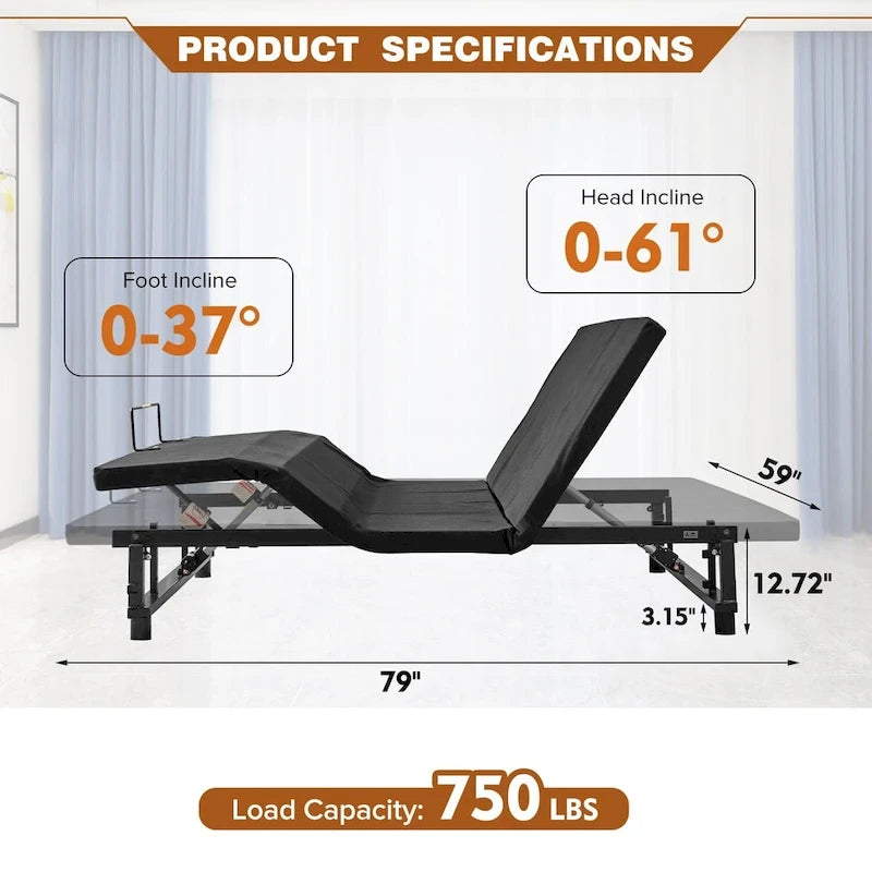 Adjustable Bed Base Frame Queen Bed Frame With Head And Foot Incline Wireless Remote Zero Gravity