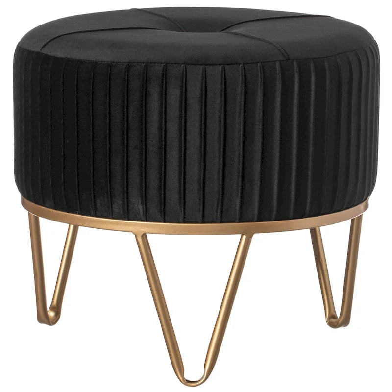 Round Velvet Ottoman Stool Raised with Hairpin Gold Base