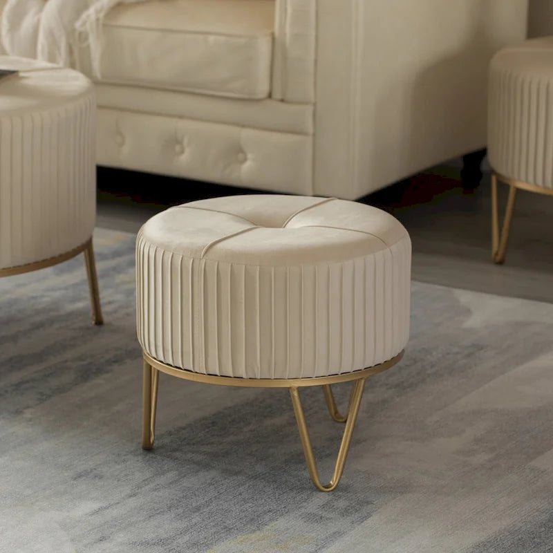 Round Velvet Ottoman Stool Raised with Hairpin Gold Base