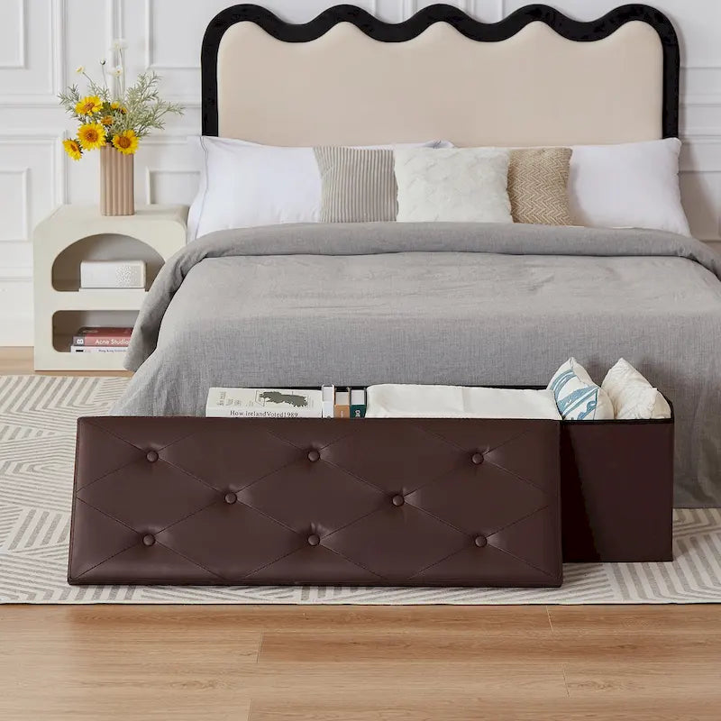Folding Storage Ottoman, Foot Rest Stool Footstool, Leather Tufted Ottoman, Small Ottoman Cube for Living Room Bedroom Dorm