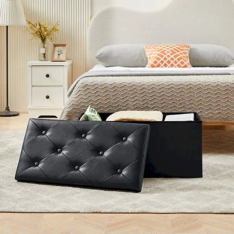 Folding Storage Ottoman, Foot Rest Stool Footstool, Leather Tufted Ottoman, Small Ottoman Cube for Living Room Bedroom Dorm