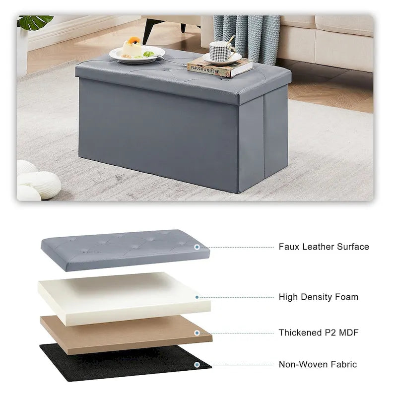 Folding Storage Ottoman, Foot Rest Stool Footstool, Leather Tufted Ottoman, Small Ottoman Cube for Living Room Bedroom Dorm