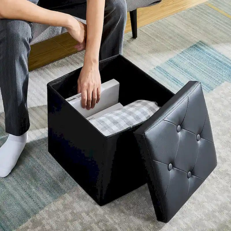 Folding Storage Ottoman, Foot Rest Stool Footstool, Leather Tufted Ottoman, Small Ottoman Cube for Living Room Bedroom Dorm