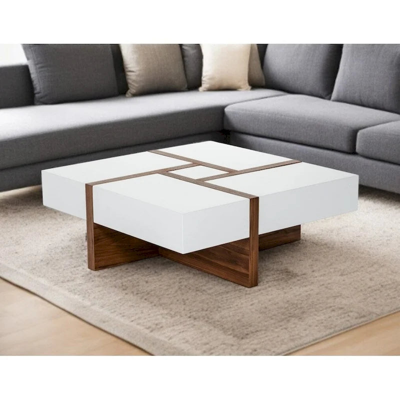 Modern White and Walnut Square Coffee Table with Storage