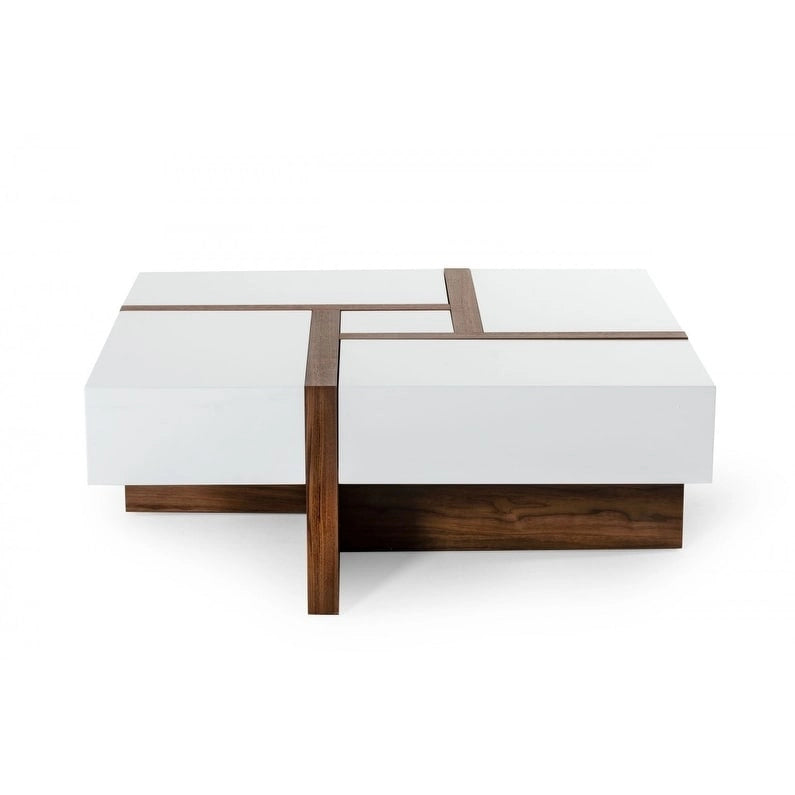 Modern White and Walnut Square Coffee Table with Storage