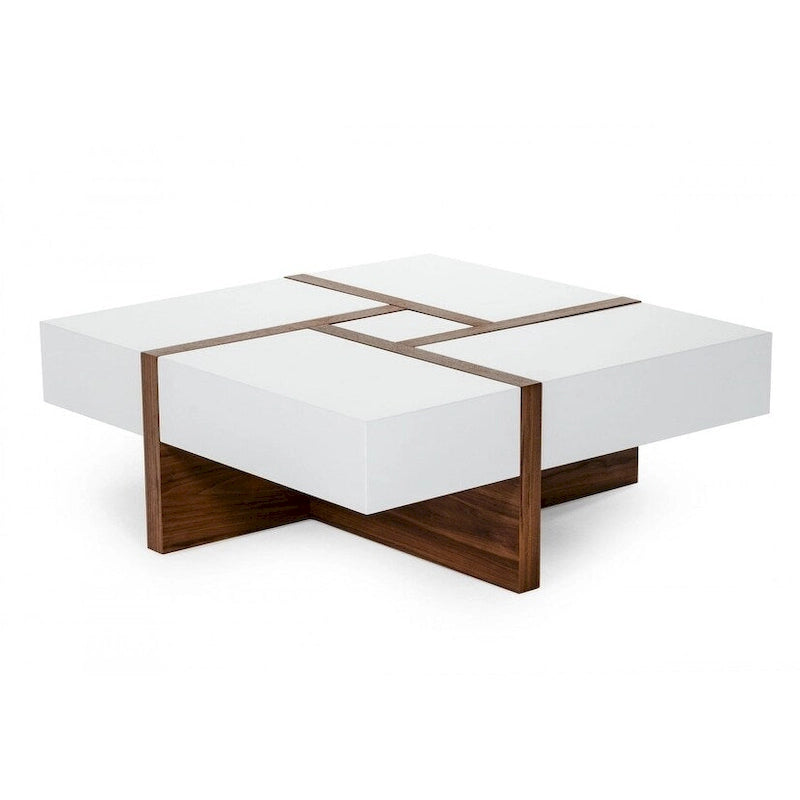 Modern White and Walnut Square Coffee Table with Storage