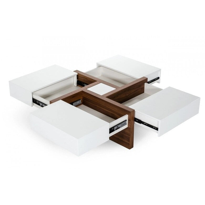 Modern White and Walnut Square Coffee Table with Storage
