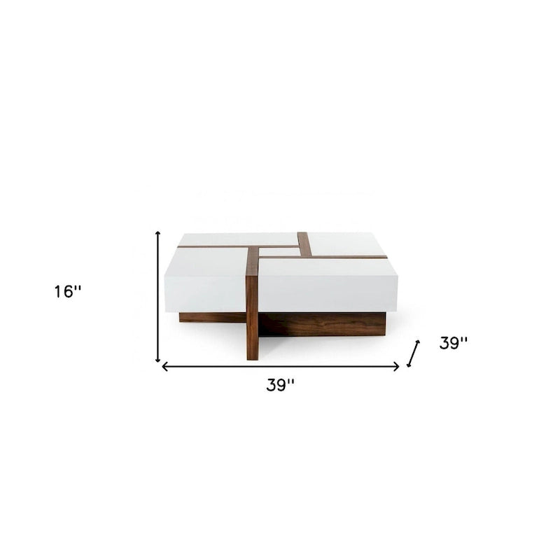 Modern White and Walnut Square Coffee Table with Storage