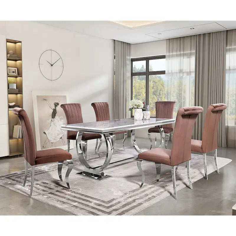 Modern Dining Room Table with Stainless Steel Metal U-Base