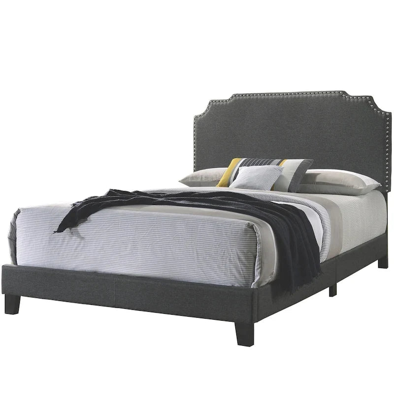 Modern Design Grey Upholstered Bed with Nailhead Trim