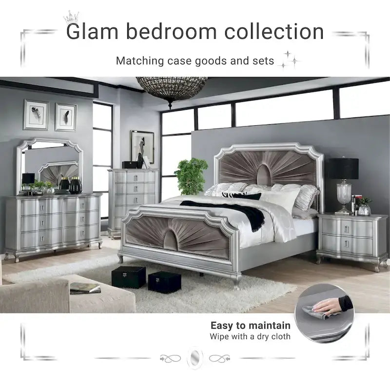 Furniture of America Maza Glam Silver Solid Wood Panel Bed