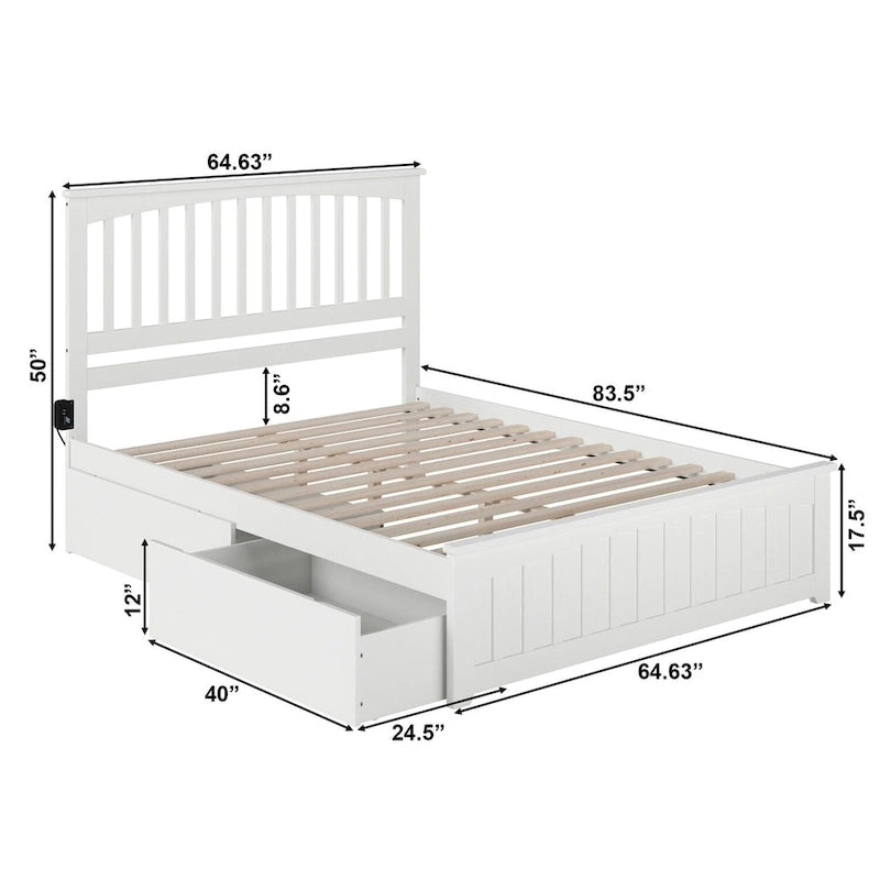 Mission Queen Platform Bed with Matching Foot Board with 2 Urban Bed Drawers in White