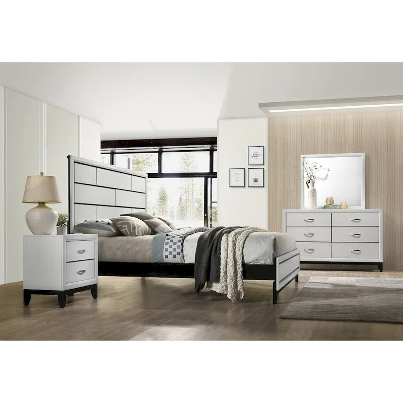Roundhill Furniture Stout Contemporary Panel Bedroom Set in White Finish with Panel Bed, Dresser, Mirror, 2 Night Stands