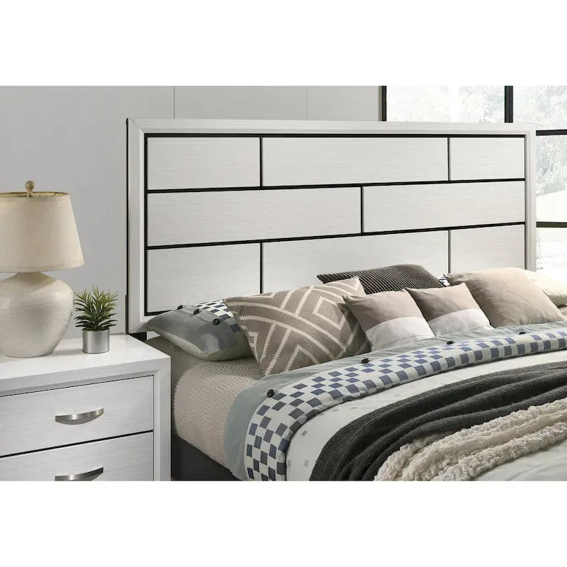 Roundhill Furniture Stout Contemporary Panel Bedroom Set in White Finish with Panel Bed, Dresser, Mirror, 2 Night Stands