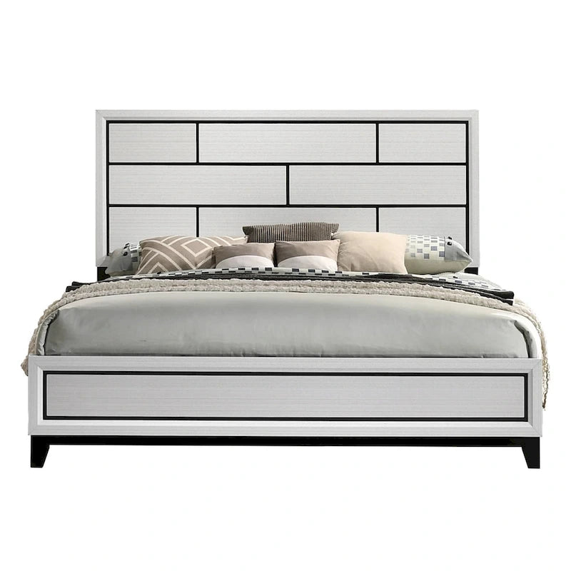Roundhill Furniture Stout Contemporary Panel Bedroom Set in White Finish with Panel Bed, Dresser, Mirror, 2 Night Stands