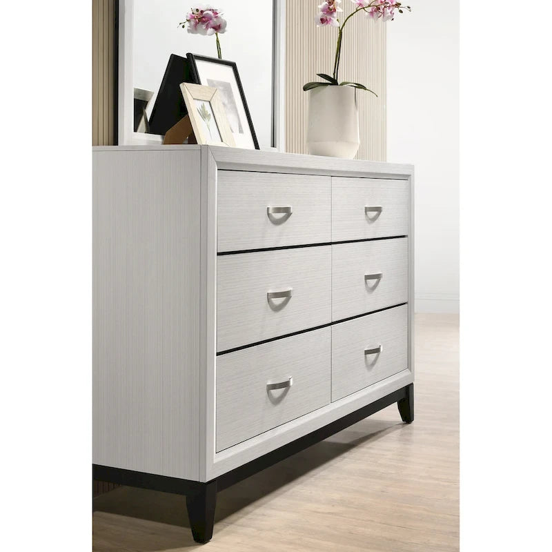 Roundhill Furniture Stout Contemporary Panel Bedroom Set in White Finish with Panel Bed, Dresser, Mirror, 2 Night Stands