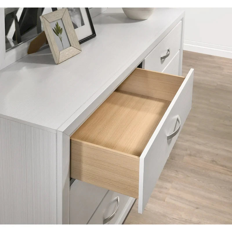Roundhill Furniture Stout Contemporary Panel Bedroom Set in White Finish with Panel Bed, Dresser, Mirror, 2 Night Stands