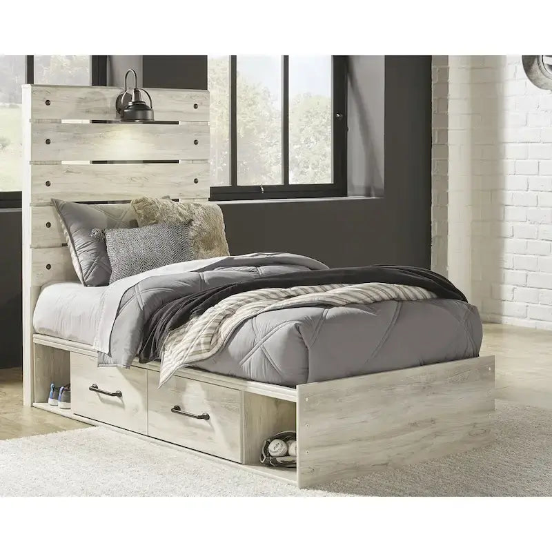 Cambeck Whitewash Panel Bed With 2 Under Bed Storage Drawers