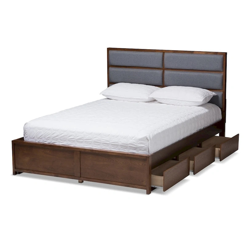 Strick & Bolton Mori Contemporary Grey Fabric and Walnut Wood Storage Bed