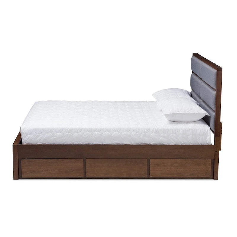 Strick & Bolton Mori Contemporary Grey Fabric and Walnut Wood Storage Bed